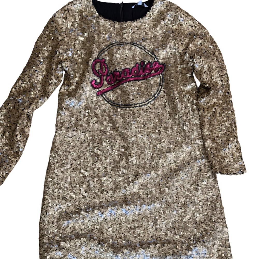 Little Marc Jacobs Girls Gold Sequin Paradise Logo‎ Dress Size 10 Long Sleeve